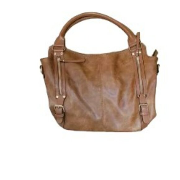 Faux Leather Brown Large Handbag with Gold Zippers - Picture 1 of 4